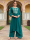 Janasya Women's Teal Green Georgette Embroidered A-line Kurta With Palazzo Dupatta Set